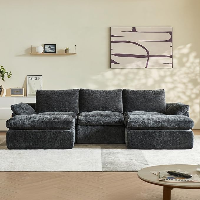 Vamcheer U Shaped Cloud Couch - Utra Soft Modular Sectional Sofa with 2 Movable Ottoman Deep Seat Boneless Couches for Living Room Bedroom Office No Assembly Required Grey