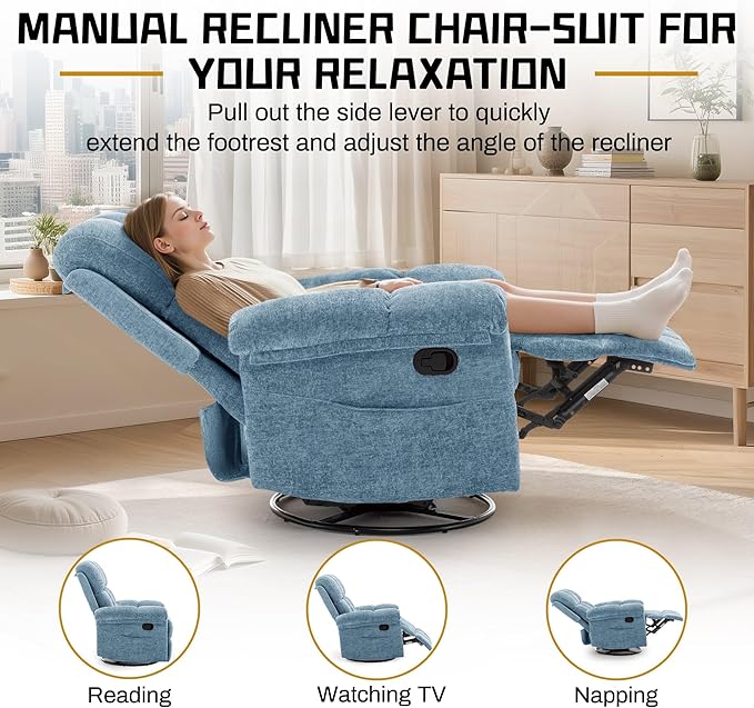 Recliner Chair Swivel Rocker Recliner Chair for Adults Small Recliners for Small Spaces Manual Recliner Chair with Side Pockets Nursery Rocking Chair for Living Room Chenille Airy Blue