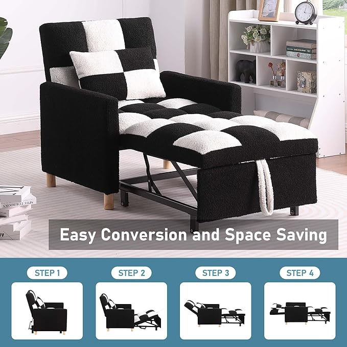 Convertible Sleeper Sofa Chair 3 in 1 Multi-Function Folding Ottoman Couch Sigle Pull-Out Bed with Adjustable Backrest and Pillow for Living Room Apartment Office Black&ampWhite