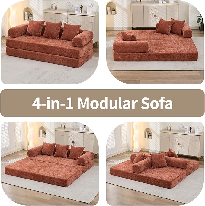 Convertible Sofa Bed 4-in-1 Floor Foldable Couch Bed with Armrests &amp Pillow Chenille Fabric No Assembly Required Comfy Memory Foam Couch Lounge Sofa for Living Room Orange