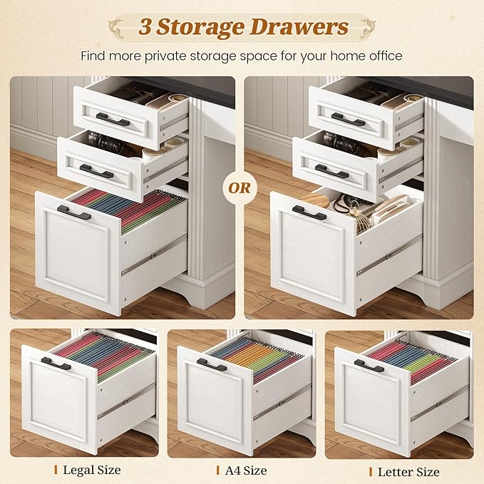 SEDETA Farmhouse L Shaped Desk with Hutch and 3 Drawers 68.9 Executive Office Desk with File Drawer and Power Outlet Corner Computer Desk with Storage Shelves for Home Office White