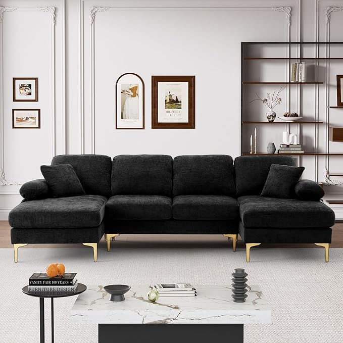 OUYESSIR 112 Cloud Sectional Sofa with Extra Deep SeatU Shaped Sectional Couches for Living Room4 Seater Chenille Sofas &amp CouchesModern Apartment Couch with Double Chaise Lounge Black