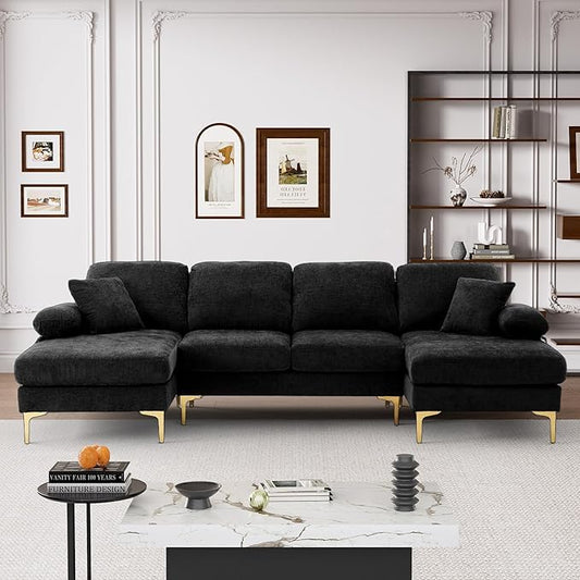 OUYESSIR 112 Cloud Sectional Sofa with Extra Deep SeatU Shaped Sectional Couches for Living Room4 Seater Chenille Sofas &amp CouchesModern Apartment Couch with Double Chaise Lounge Black