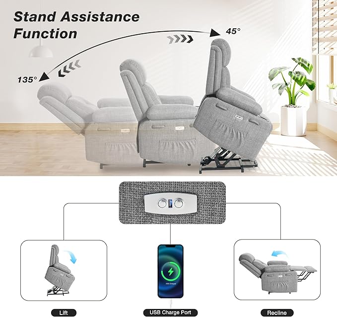 Power Lift Recliner Chair for Elderly with Massage &amp HeatLinen-Cotton Electric Recliner with USB Ports Cup Holders Side Pockets Lift Chair for Living Room Bedroom