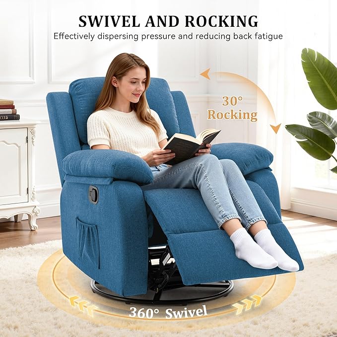 Recliner Chair 360 Swivel Rocker Chair for Adults Small Rocking Recliner for Small Spaces Upholstered Fabric Glider Recliner Nursery