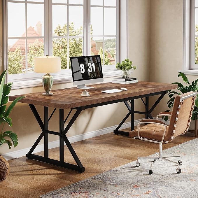 Tribesigns 70.86-Inch Large Executive Desk Industrial Home Office Computer Desk Simple Long Writing Study Table Business Furniture (Brown/Black)