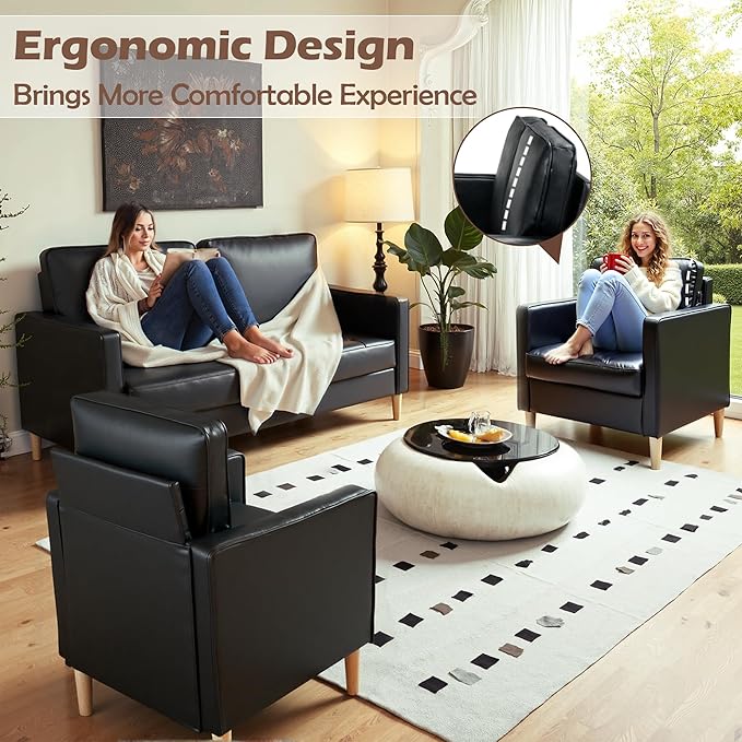 AILEEKISS Mid-Century Sectional Sofa Couch Set Faux Leather Office 3 Pcs Couch Set with Armrest Modern Upholstered Loveseat Couches for Livingroom (1-Seater+1-Seater+2-Seater Black)