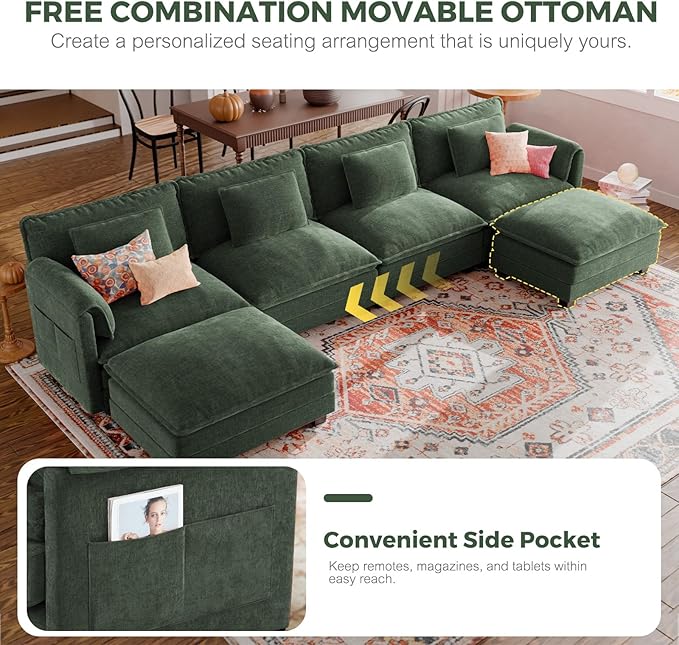 ELUCHANG Oversized 153 Modular Sectional Sofa Comfy Cloud Couch L Shaped Deep Seat Sofa Couches for Living Room 5-Seater Modern Sofa with Movable Ottoman DIY Combination - Chenille Green