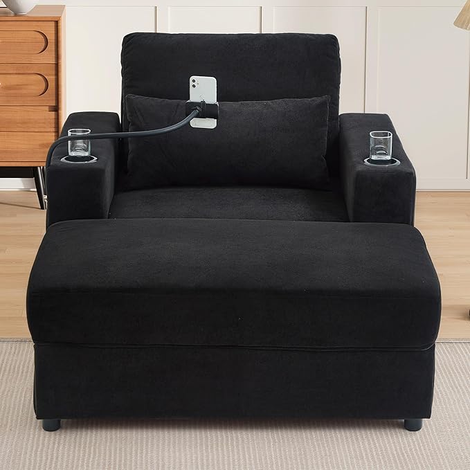 Merax Modern Style Armchair 42.5 Chaise Lounge Sofa Couch with a Movable Storage Ottoman Two USB Ports Two Cup Holders a Phone Holder and Side Pockets for Living Room Black