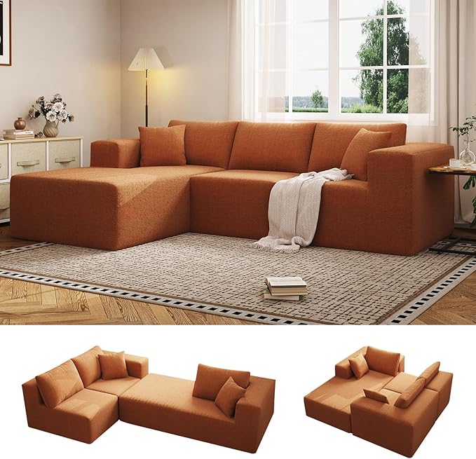 108 Sectional Couches 4 Seat Modular Sectional Sofa with Left Chaise Lounge Boneless Cloud Couch L-Shape Upholstered Couch for Apartment Living Room No Assembly Required (Orange)