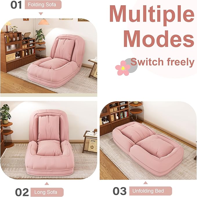 Foldable Lazy Sofa Bed Floor Chair Upholstered Human Dog Bed with 5 Adjustable Position Comfy Tatami Lounge Chair with 2 Pillows Lazy Sofa for Bedroom Living Room Reading (Pink)