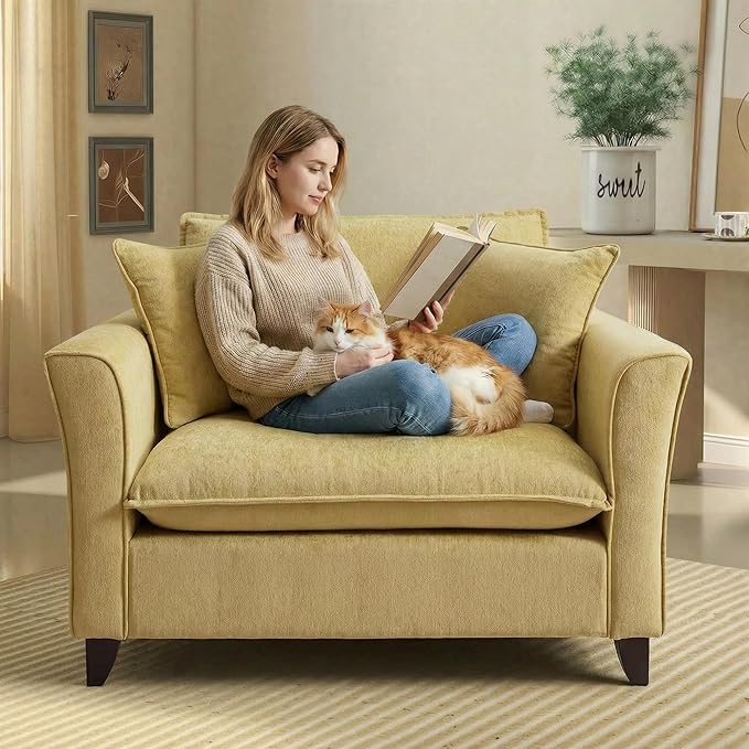 ERYE 46.9 Chenille Upholstered Accent Chair Wide Seat for Living Room Bedroom Modern Leisure Cushion Armchair W/ 2 Pillows and Removable Cover for Home Apartment Office