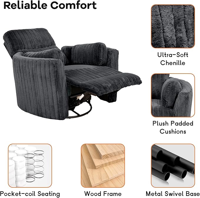 leovanni Power Swivel Rocker Recliner Chair Upholstered Nursery Glider Rocking Chair with 2 Pillows USB Ports Electric Nursing Reclining Chairs Bedroom Living Room Dark Gray