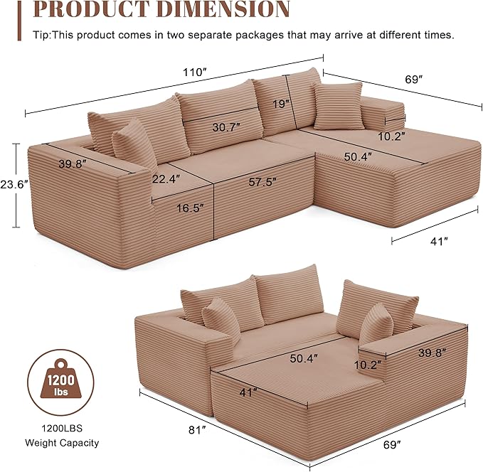 110” Cloud Sectional Couch Boneless Sofa for Living Room Modular Sectional Sofa with Deep Seat Comfy Fluffy Couch with L-Shaped Chaise No Assembly Required (Right-Facing Chaise Camel)