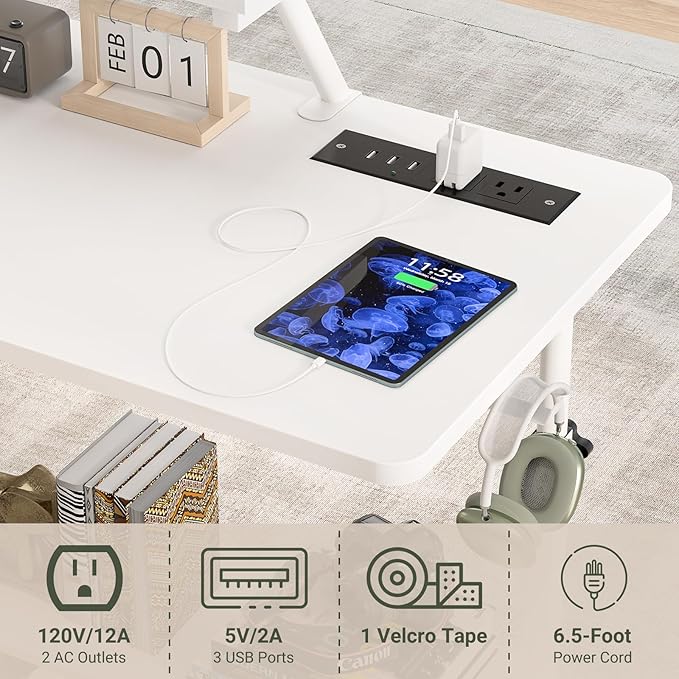 Height Adjustable Standing Desk with Power Outlets and LED Lights - 32 Manual Stand Up Desk with Monitor Stand and Storage Shelves Small Mobile Rolling Computer Desk Portable Laptop Table White