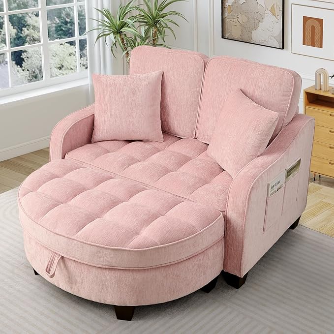 Oversized Chair and A Half Chenille Tufting Accent Cozy Reading Sofa Chair with Storage Ottoman Upholstered Loveseat Chaise Lounge Sofa with Adjustable Back for Living Room Office Sunroom Pink