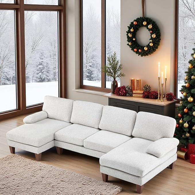 VINGLI 110' U-Shaped Sectional Couch with Two Chaise Affordable Small Sofa with 4 Seats Chenille Fabric Comfy Couches for Living Room Beige