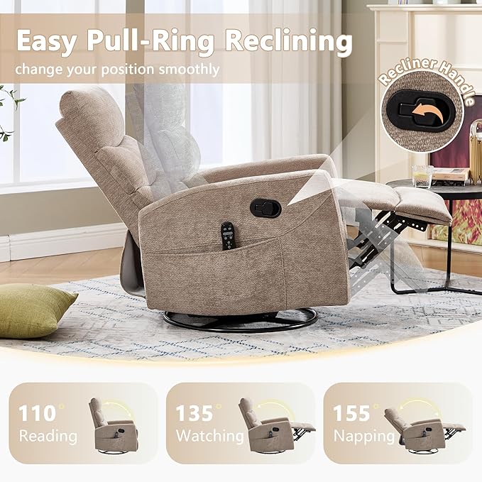 cinkehome Swivel Rocker Recliner Chair Upholstered Nursery Glider Recliner Chair with Heated Massage High Back Side Pocket (Khaki Chenille Fabric)