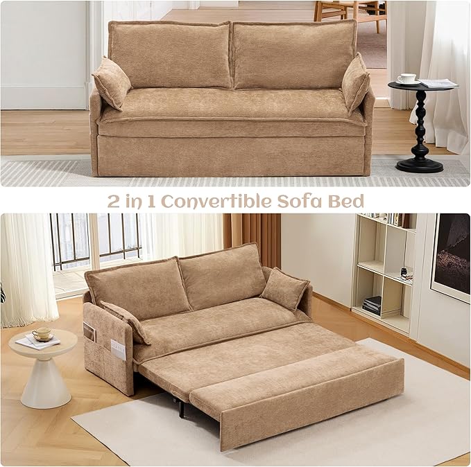 SUNWAVE 60 Queen Pull Out Sofa Bed - Convertible Sleeper Sofa Bed Chenille Loveseat Pull Out Couch with USB Charging Side Pockets for Living Room Bedroom Small Spaces (Brown 60)
