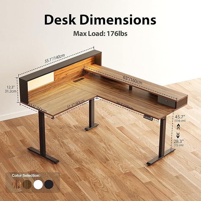 Agilestic L-Shaped Electric Standing Desk 63x55 Inch Ergonomic Adjustable Height Desk with Storage Stand Up Corner Desk Sit Stand Computer Table Power Outlet &amp LED Lights Office Table Dark Wal