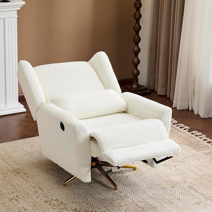 Christopher Knight Home Dolia Boucle Fabric Upholstered 360° Swivel Chair Push-Back Power Recliner Chair Iron Recliner Sofa with Rotation Living Room Lounge Sofa Adjustable Backrest Beige+Gold