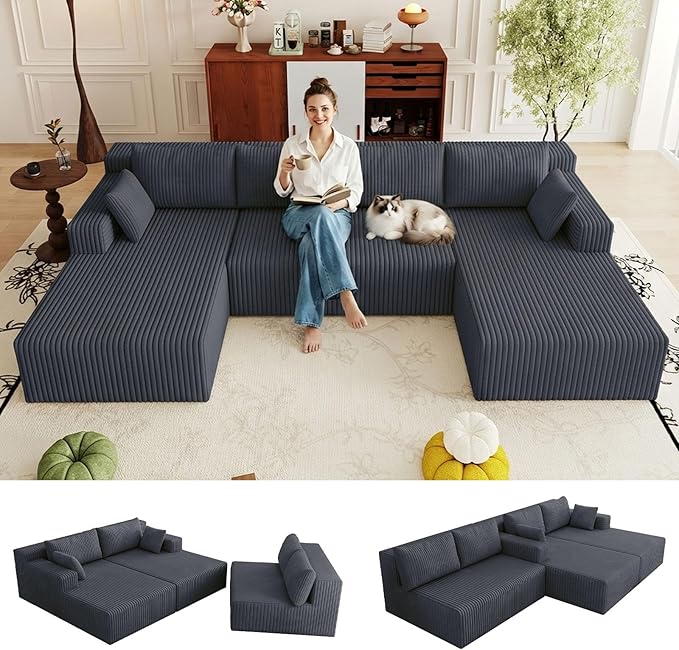 124 Corduroy U-Shaped Sectional Sofa Modern Modular Boneless 4-Seater Couch with 6 Pillows Upholstered Deep Seat DIY Cloud Sofa for Living Room No Assembly Required (Dark Grey)