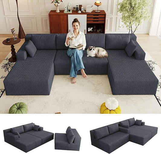 124 Corduroy U-Shaped Sectional Sofa Modern Modular Boneless 4-Seater Couch with 6 Pillows Upholstered Deep Seat DIY Cloud Sofa for Living Room No Assembly Required (Dark Grey)