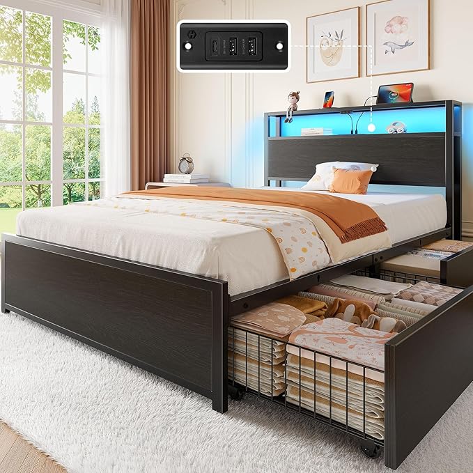 Rolanstar Twin Bed Frame with 4 Storage Drawers Charging Station and LED Lights Metal Platform Bed with 2-Tier Storage Headboard No Box Spring Needed Easy Assembly Noise-Free Black
