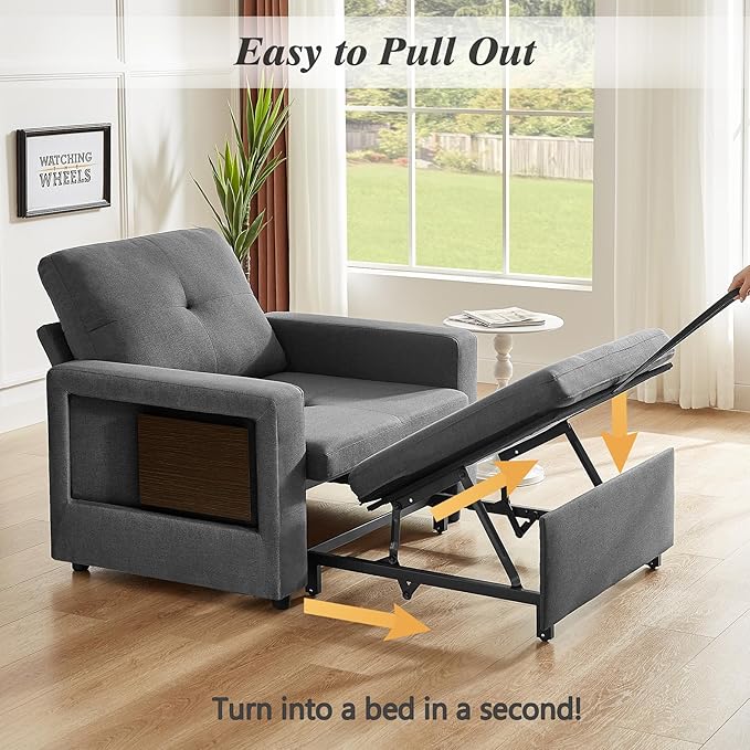 WEUP 42.5 Sleeper Sofa Chair Bed 3-in-1 Convertible Sleeper Chair with Pull Out Bed Adjustable Reclining Backrest Side Pockets Cup Holder USB Ports &amp Wing Table Premium Dark Grey