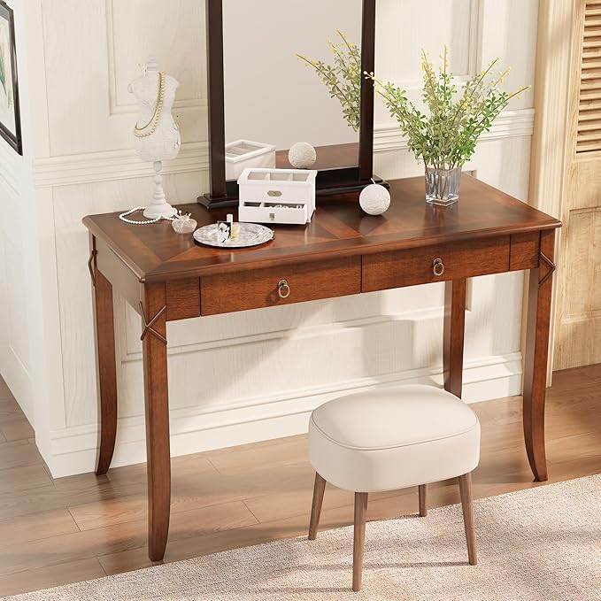 Solid Wood Writing Desk Home Office Desks with 2 Storage Drawers 46 Mid-Century Modern Walnut Tables Computer Desk for Home Office Easy Assembly Vanity Desk Study Table Station BSZDR200