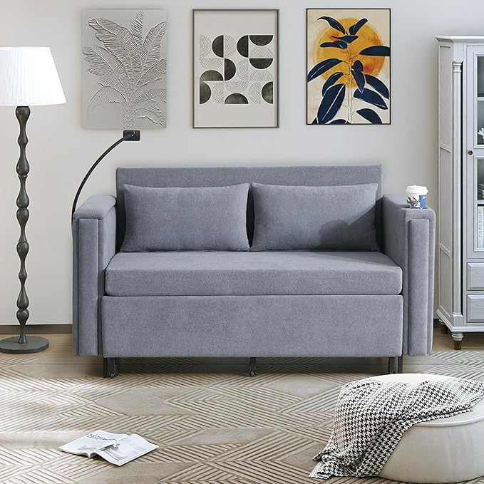 ORRD Pull Out Sofa Bed 2-in-1 Multi-Functional Sleeper Couch Small Loveseat Bed with Hidden Side Table Phone Holder and Cup Holder for Living Room Small Space Apartment (Grey)