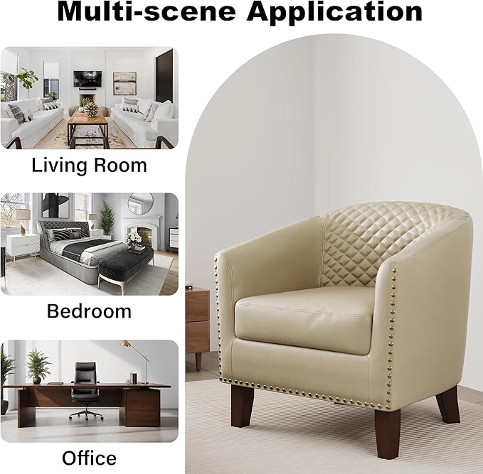 Accent Barrel Chair Upholstered Faux Leather Club Chair with Nailed Trim Comfy Reading Armchair for Living Room Bedroom Reception Room Office (Beige Set of 2)
