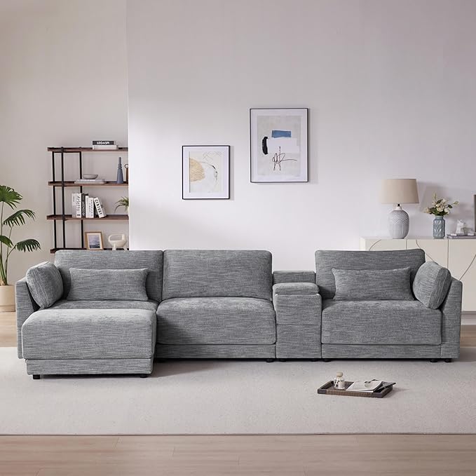 Merax Modern Oversized L-Shaped Sectional Sofa with Ottoman USB Charging Port &amp Storgae Drawers Chenille Reversible Couch Set with 4 Pillows for Living Room Easy Assemble Gray