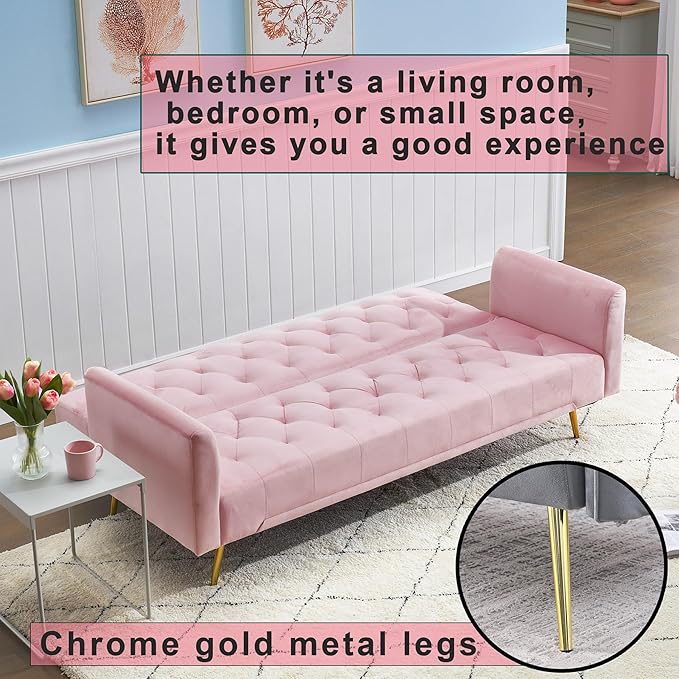 71 Pink Futon Sofa Bed Couch: Velvet Fabric Memory Foam 2 Pillows Gold Metal Feet Adjustable Tufted Backrest Convertible Folding Sleeper Loveseat for Living Room Bedroom Apartment (Pink)