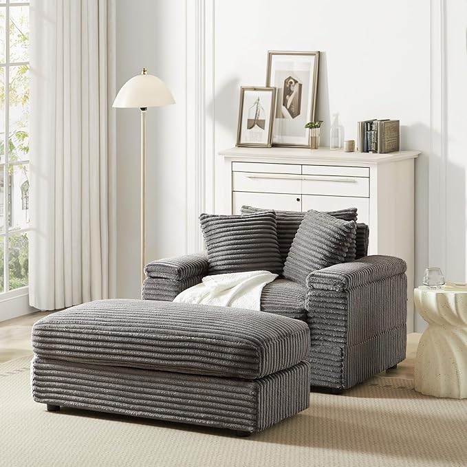 Chaise Lounge Chair Indoor 44 Inch Comfy Corduroy Sectional Cloud Couch Upholstered Single Sofa w/Movable Ottoman for Living Room Bedroom Apartment Grey