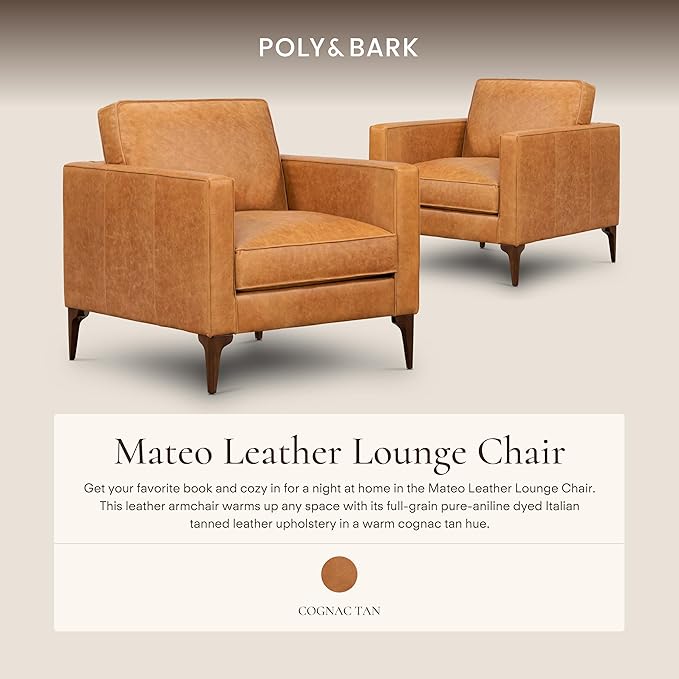Poly &amp BARK Mateo Leather Lounge Chair – Cognac Tan Full-Grain Leather Upholstery – Modern Upholstered Accent Chair for Living Room or Bedroom – Indoor Lounge Seating with Timeless Comfort