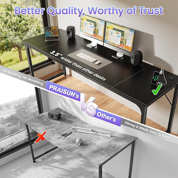 PRAISUN 80 X 24 Inch Office Computer Desk with Power Outlets and USB-C Port Larger and Longer Gaming Desk for Home Office Study Writing Work from Home Table Metal Frame Black