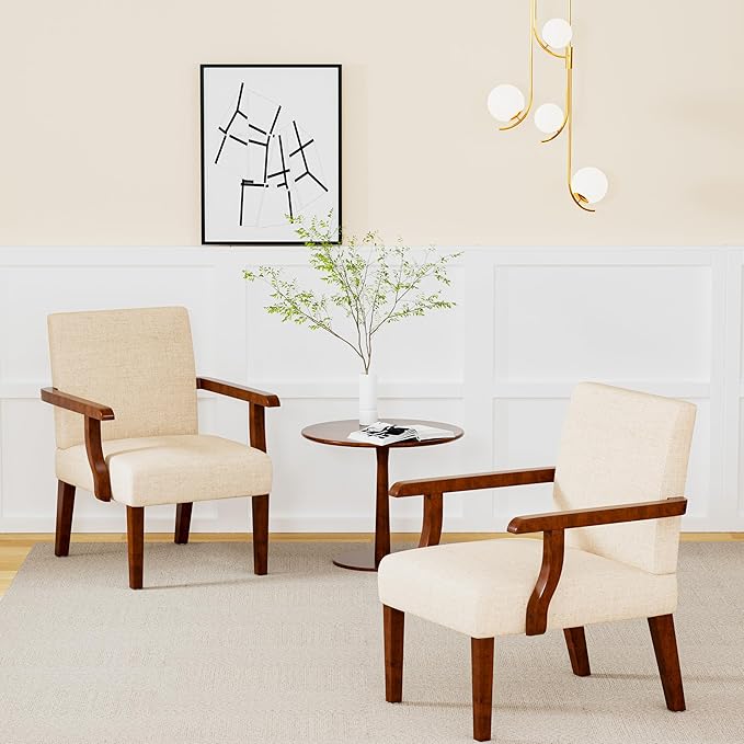 Accent Chairs Set of 2 with Side Table Modern Accent Armchair with Fabric Upholstered and Solid Wood Armrest Reading Leisure Arm Chair for Living Room Bedroom Waiting Room (Beige)