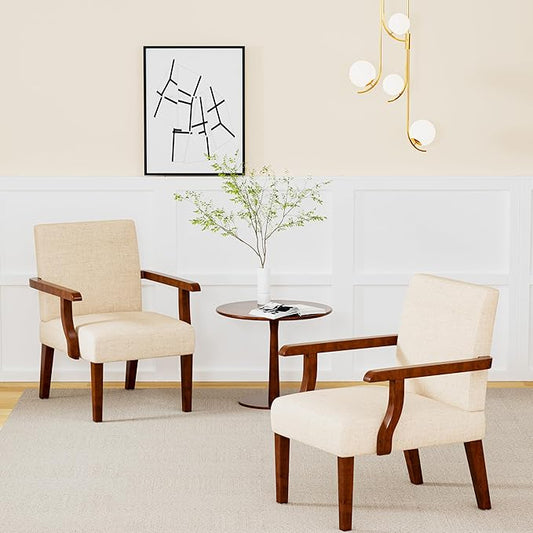 Accent Chairs Set of 2 with Side Table Modern Accent Armchair with Fabric Upholstered and Solid Wood Armrest Reading Leisure Arm Chair for Living Room Bedroom Waiting Room (Beige)