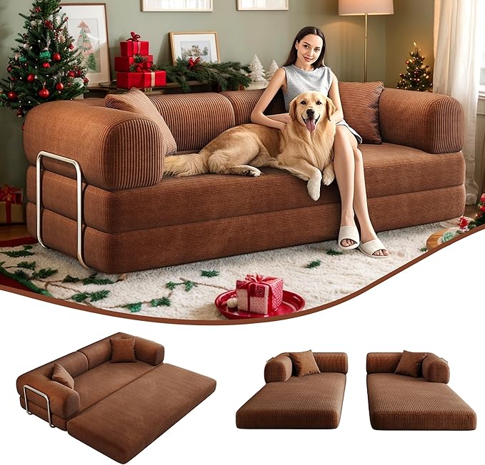 78.8 Modern Convertible Floor Sleeper Sofa Bed Corduroy Modular Boneless Couch with Silver Fixed-Shape Frame No Assembly Futon Cloud Loveseat with Pull-Out Bed for Living Room (Brown)