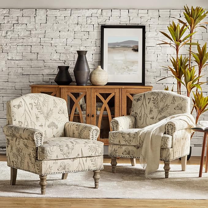 HULALA HOME Accent Armchairs Set of 2 with Print Floral Pattern Upholstered Living Room Accent Chairs with Retro Wood Legs &amp Nailhead Trim Fabric Sofa Chairs Reading Armchairs for Bedroom Ginge