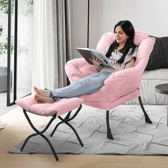 Athena Collection Lazy Lounge Chair with Ottoman Modern Soft Reading Arm Chair for Adults Comfy Sofa Armchair with Footrest and Side Pocket for Corner Living Room Bedroom Small Space Pink
