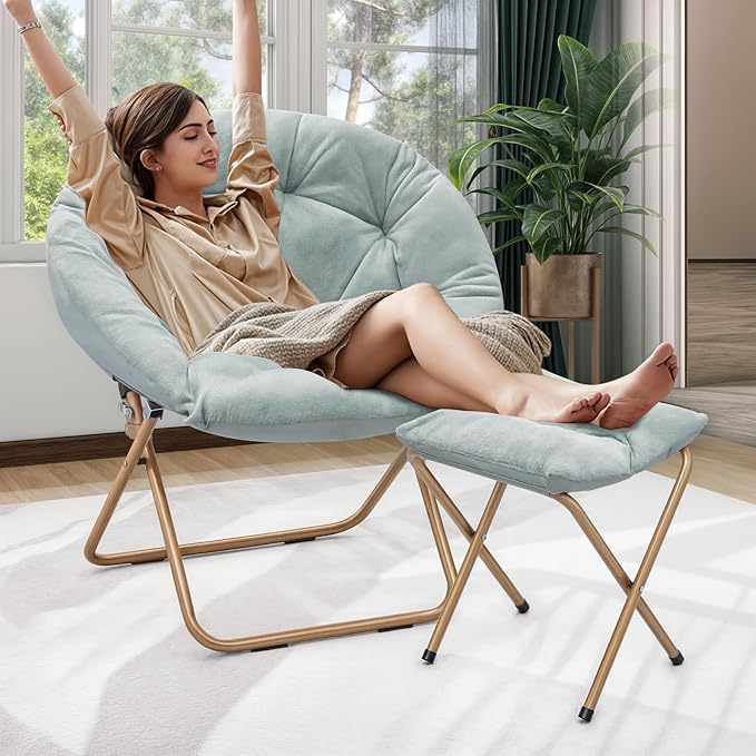 MoNiBloom Round Folding Faux Fur Saucer Chair for Bedroom Living Room Dorm Foldable Metal Frame Oversized Large Comfy Soft Lounge Lazy Cozy Moon Chair with Footrest Ottoman for Adults (Teal Blue)