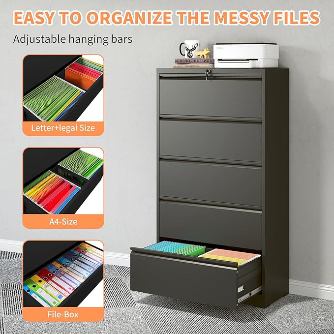 5 Drawer File Cabinet with Lock Locking Metal Filing Cabinets for Home Office Small Storage Cabinet Organizer with Under Desk Locking Drawers for Legal/Letter/A4/F4 SizeBlack
