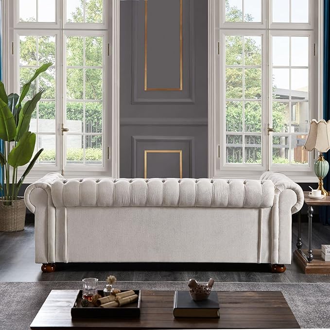 KEVINSPACE 88.5 Modern Sofa Couch for Living Room 3 Seater SectionalSofa Couch Comfy Linen FabricSofa Button Tufted Cushions Rolled Arms Wood Legs Chesterfield Sofa for Small Spaces Beige