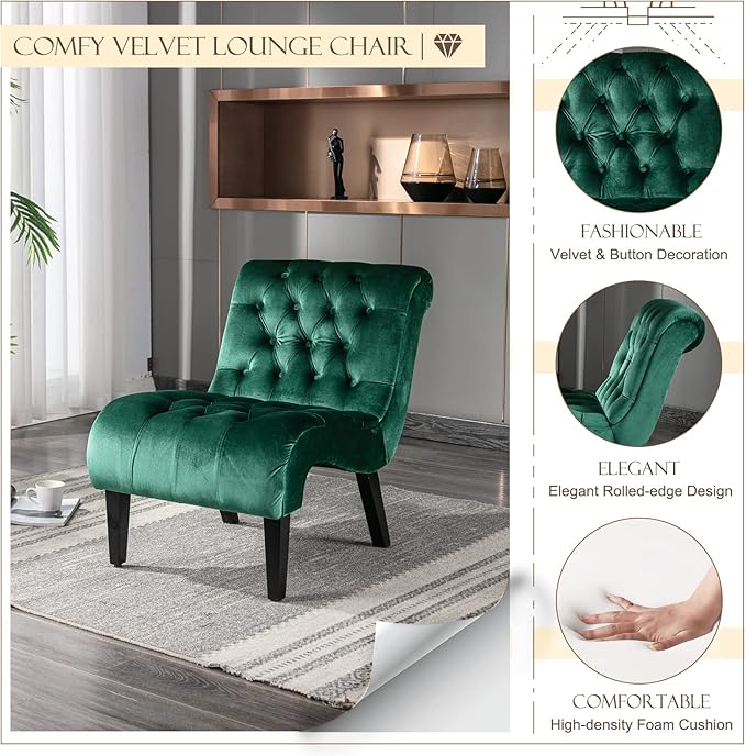 KINFFICT Velvet Accent Lounge Chair for Living Room Modern Leisure Chair with Tufted Backrest Indoor Armless Side Chair Upholstered Bedroom Sleeper Chairs with Solid Wood Legs