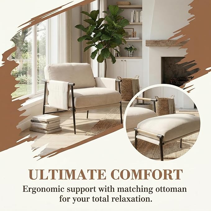 DUOMAY Mid Century Modern Accent Chair with Ottoman Set Chenille Beige Upholstered Living Room Chair with Metal Legs Lazy Lounge Chair Set with Footrest for Bedroom Living Room
