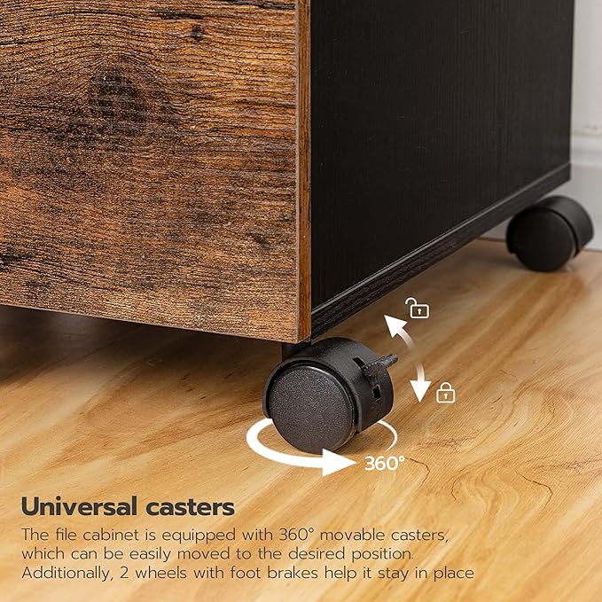 HOOBRO 3-Drawer File Cabinet Wooden Under Desk Filing Cabinet fits A4/Letter Size for Home Office Small Rolling Storage Drawer Chest Printer Stand with Drawers Rustic Brown and Black BF02WJ01G1