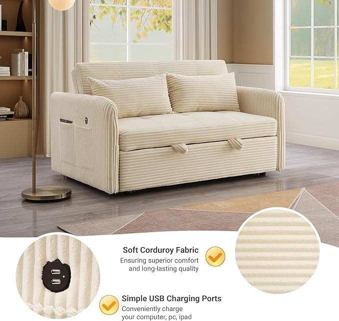 55.5 Corduroy Convertible Sofa Bed Pull Out Sleeper Sofa Bed Loveseat Couch with USB Charging Ports 3 in 1 Convertible Sleeper Sofa Bed for Living Room Apartment Bedroom RV Beige