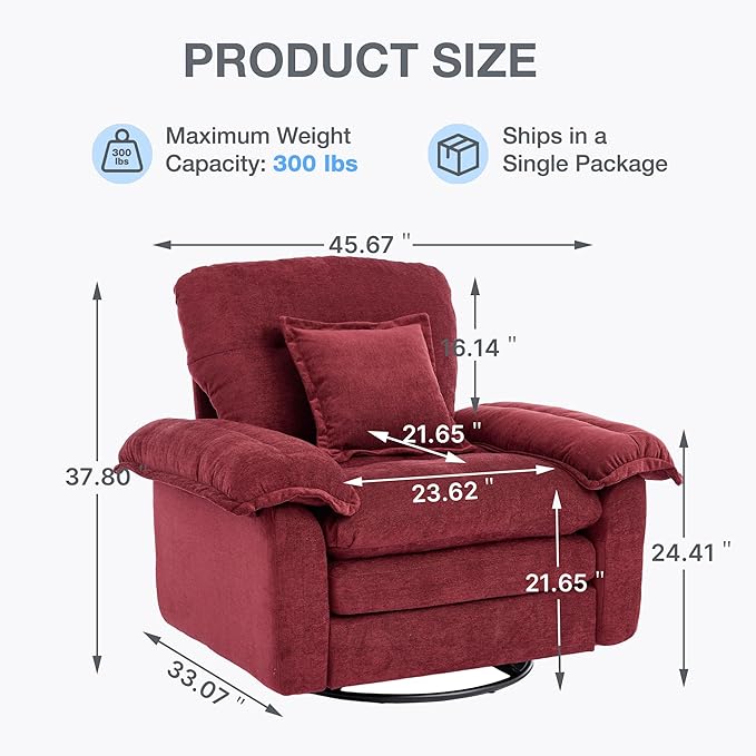 360° Swivel Accent Chair Oversized Plush Modern Chenille Armchair with Padded Seat &amp Back Comfy Spinning Chair for Living Room Bedroom Office (Red)